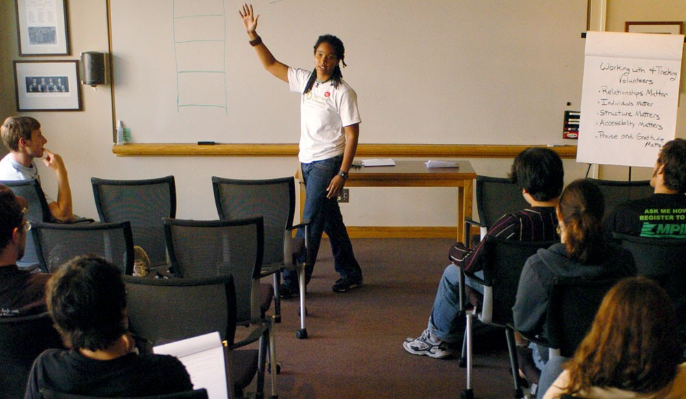 Kelly Lewis hosts a training session Saturday at the Youth Power Summit in the Hubert H. Humphrey Center. The training session discussed how to get their communities interested in voting.