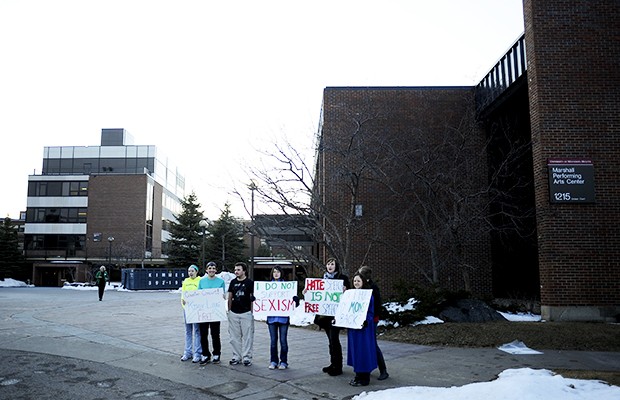 University of Minnesota Duluth students protest outside the Soulja Boy concert at Romano Gym on Friday. The students said they were upset because their student service fees were paying for acts that have controversial lyrics.