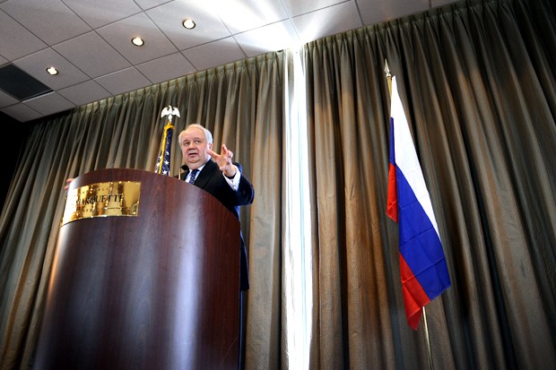 Russian Ambassador Sergey Kislyak gives a speech to the Minnesota International Center in the IDS Tower on Tuesday. Sergey discussed the current state of international trade between the United States and Russia.