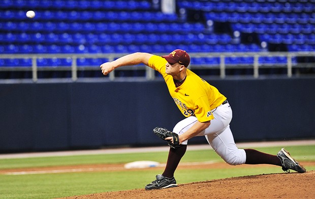 Sophomore right hander Seth Rosin delivers to the plate during Minnesota’s Sunday win over Purdue at the Metrodome, completing the three-game sweep. 