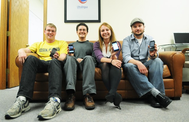 From left to right, software developer Bret Jackson, senior software developer Shaun Reynolds, marketing generalist Ashleigh Lincoln and institutional sales Josh Miedema of Ultralingua, a company that creates dictionary and translation software for desktop operating systems and smartphones.