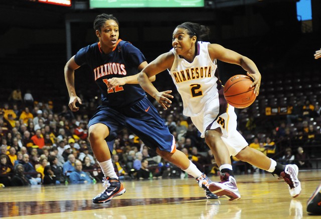 Minnesota guard China Antoine brings the ball down the court during the second period in a game against Illinois on Sunday at Williams Arena. 