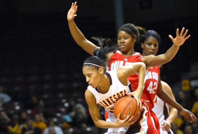 Minnesota sophomore guard Kiara Buford drives against Ohio State freshman guard Tayler Hill on Sunday at Williams Arena.  The Gopher’s lost against the Big Ten’s leading team 59-64.