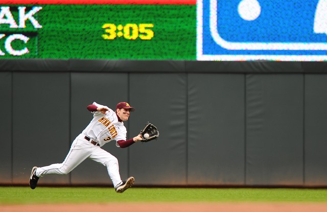 Gophers sophomore short stop Troy Larson catches a hit ball on Saturday at Target Field. 