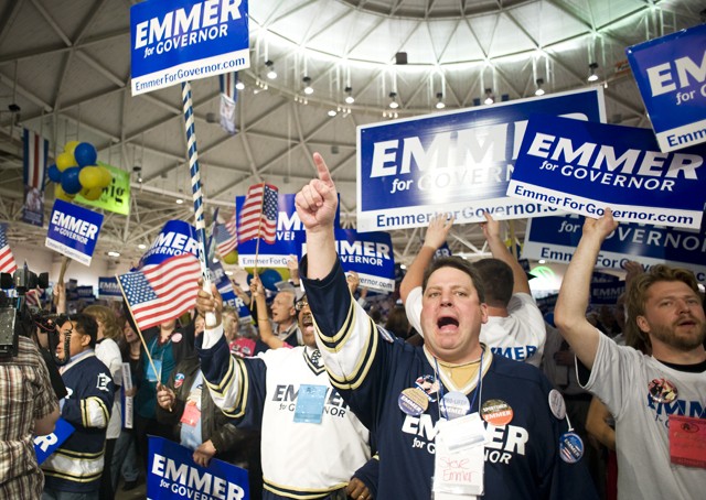 The crowd cheers while Emmer speaks on Friday at the Minnesota Republican convention. 
