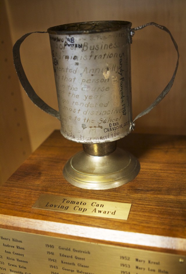 The Tomato Can Loving Cup Award is on display Tuesday in Herbert M Hanson, Jr Hall.