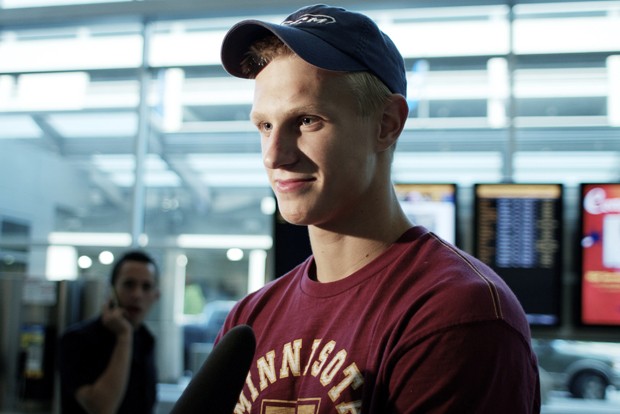 Incoming Gophers mens hockey player Nick Bjugstad before boarding a flight to Los Angeles on Wednesday evening at the Minneapolis/St. Paul International Airport. Bjugstad was taken 19th overall by the Florida Panthers in the NHL entry draft Friday night.
