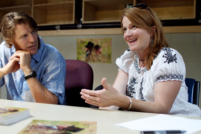 Nature lead Tyson Forbes (left) and director Makell Kiefer (right) discuss their upcoming production Friday at Intermedia Arts in South Minneapolis.  The play is derived in part from the works of Ralph Waldo Emerson, of whom Forbes is a direct descendant.