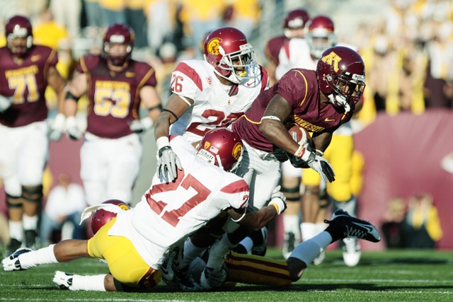 Gophers junior wide receiver Troy Stoudermier is tackled by USC Saturday at TCF Bank Stadium.