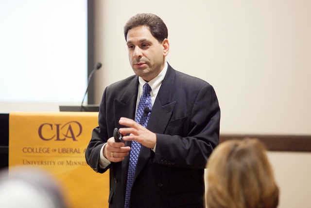 University alumni Dr. Dan Reidenberg speaks on his experience with suicide prevention as part of the Magraw Fuller Lecture series hosted by CLA Monday evening at Coffman Union. 
