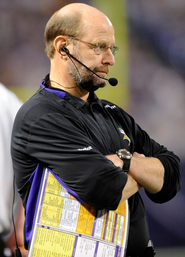 Minnesota Vikings head coach Brad Childress watches the action from the sideline during the fourth quarter of an NFL football game on Sunday, Nov. 29, 2009, against the Chicago Bears at the Metrodome in Minneapolis. The Vikings defeated the Bears 36-10. (AP Photo/Hannah Foslien)