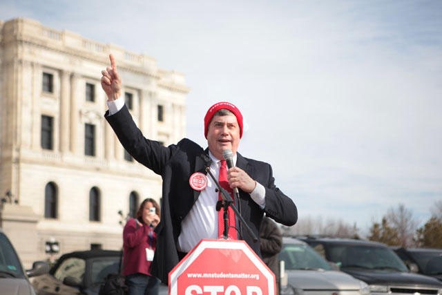 Sen. John Carlson, R-Bemidji, showed support for students rallying outside the State Capitol Wednesday morning. Carlson co-sponsored a bill proposing a freeze on tuition and limitations on tuition increases for Minnesota State Colleges and Universities. 