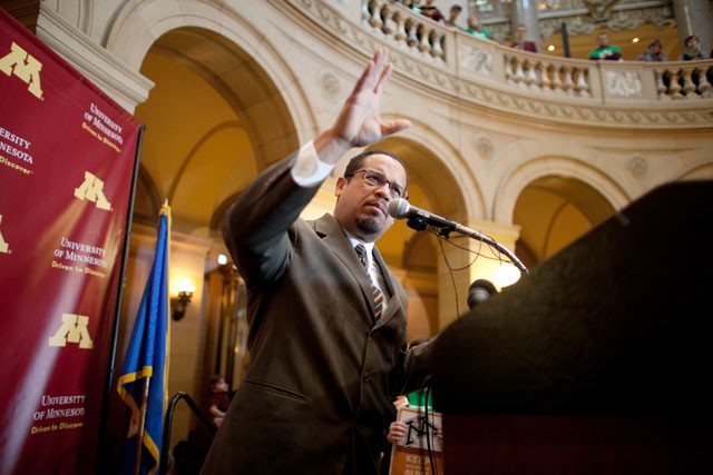 U.S. Rep.Keith Ellison, DFL-Minn., speaks at the Rally to Restore Affordability on Tuesday at the Minnesota State Capital in St Paul, Minn. University of Minnesota students demand the restoration of affordability to higher education.
