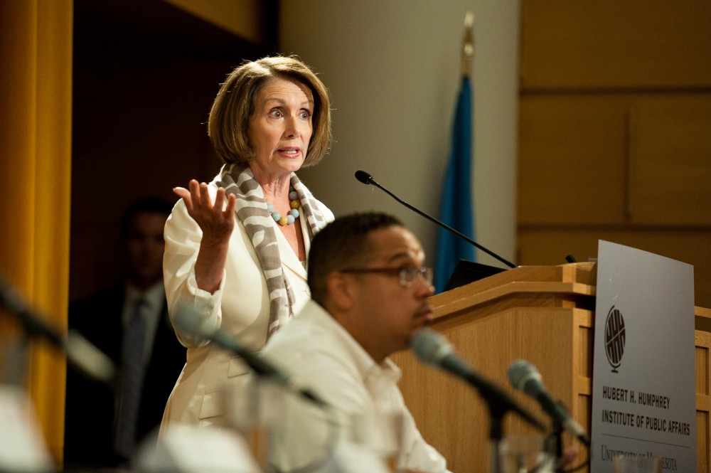 U.S. House Democratic Leader Nancy Pelosi speaks on a panel of of local and federal officials, politicians and experts on the nations response to the famine is the region of Somalia Wednesday at the Humphrey School.  The panel talked about their experience with the crisis and then took questions from the audience.