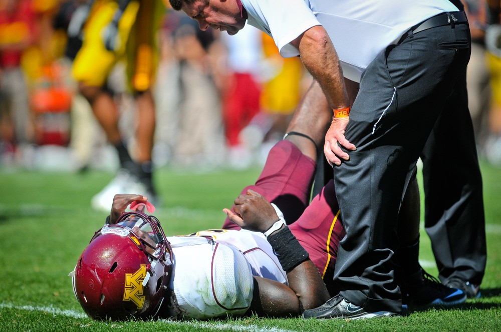 Gophers junior quarterback Marqueis Gray left the game suffering severe cramps and dehydration.