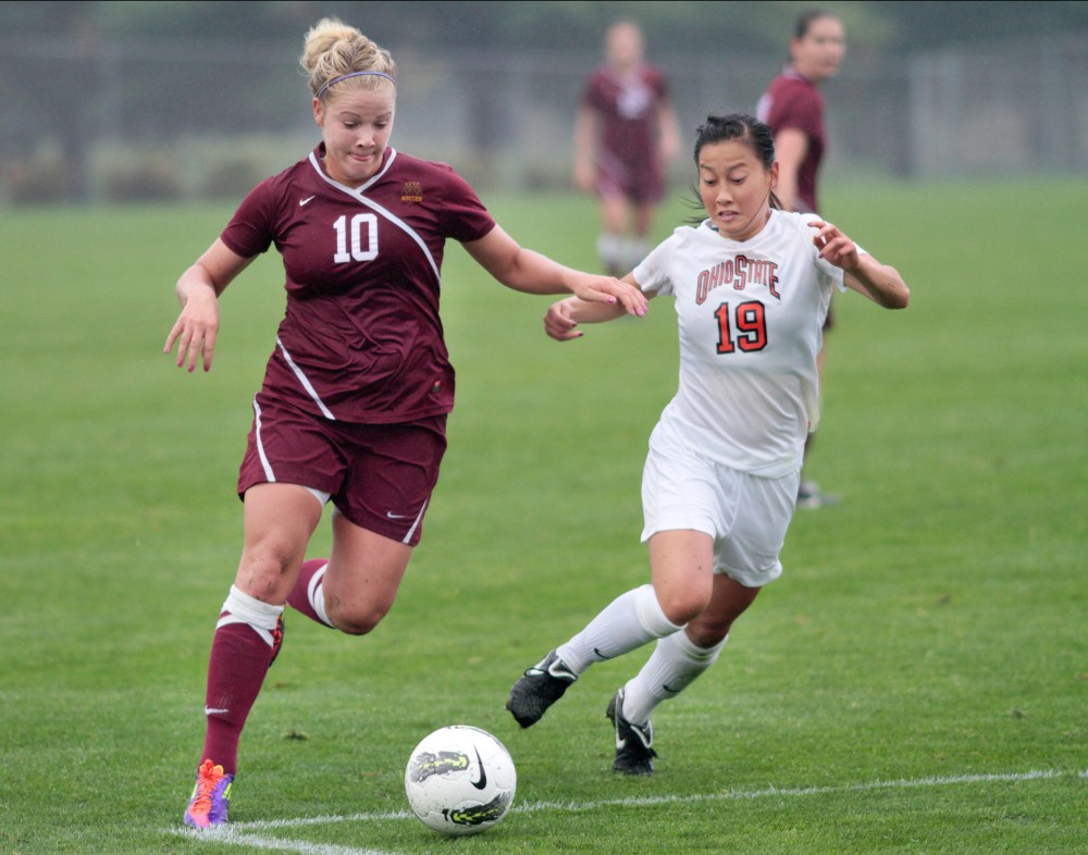 Shari Eckstrom drives the ball toward the goal in the second half of the Big Ten conference play Sunday afternoon at Elizabeth Lyle Robbie Stadium in St Paul.  Eckstrom had the only goal in a 1-1, double-overtime draw.