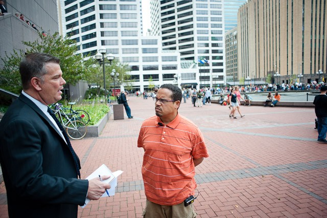 U.S. Rep. Keith Ellison (DFL-MN) expresses his support for protesters Friday at the Hennepin County Government Center.