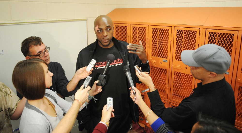 Timberwolves forward Anthony Tolliver speaks to local media members about this NBA lockout before the game Friday at Osseo Senior High School.