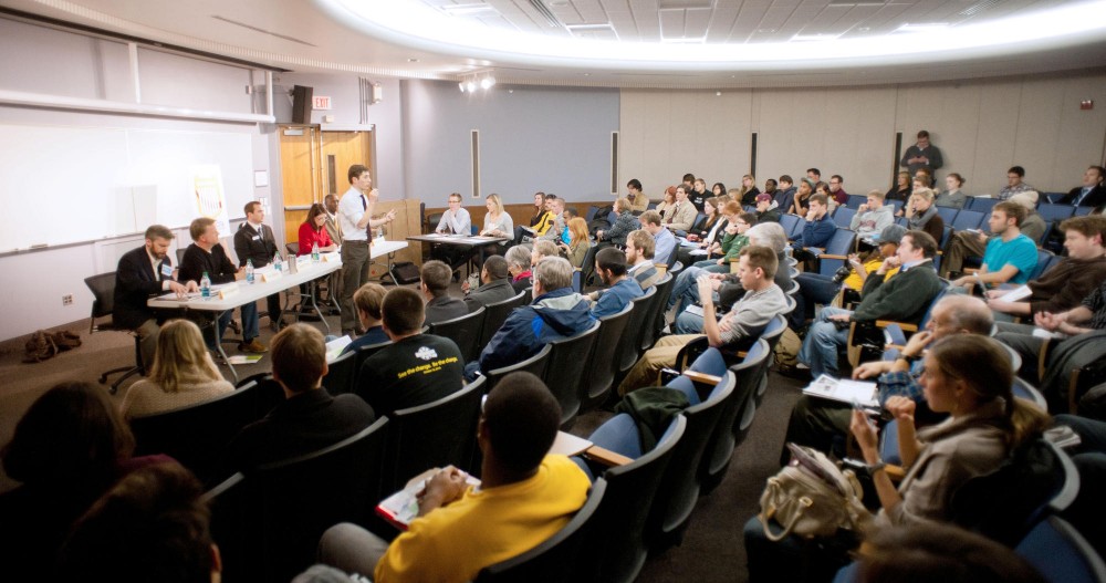 Senate district 59 candidates make their cases during a forum Monday evening at Murphy Hall.  The forum was sponsored by the Minnesota Daily, the Minnesota Student Association and the Minnesota Student Legislative Coalition.
