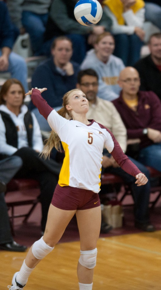 Gophers setter Kellie McNeil serves against Michigan State on Wednesday at the Sports Pavilion. McNeil had four aces in Minnesotas 3-0 win.