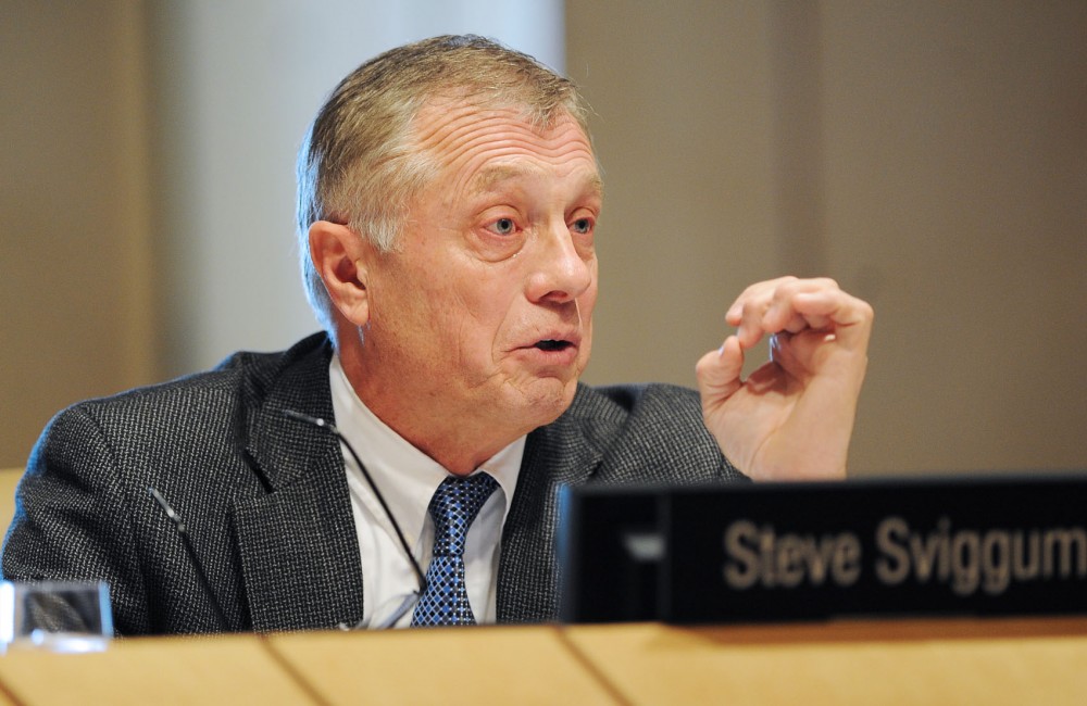 Regent Steve Sviggum delivers an emotional case maintaing his option that holding dual roles on the Board of Regents and Republican Caucus would not be an unmanageable conflict of interest Thursday at McNamara Alumni Center.