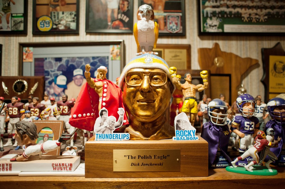 Jonckowskis wife, Arlene, and their children presented Dick with a bust of his head for his 60th birthday.  Jonckowski, a childhood Philadelphia Eagles fan, took his nickname while working as a car salesman.