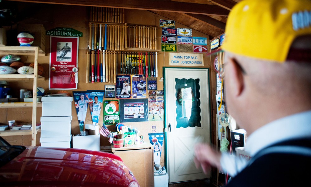 Dick Jonckowskis massive collection extends into the garage and even as far as his sons old bedroom.  Besides being the voice of the Minnesota Golden Gophers, Jonckowskis side work has ranged from weddings to playing Pope John Paul II.  
