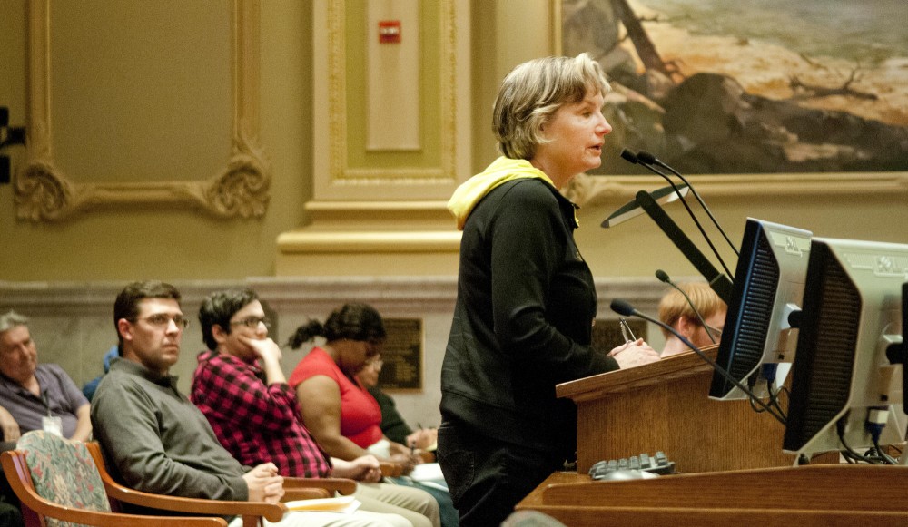 Occupy protester Mary Lynn Murphy speaks in favor of allowing protesters to remain overnight in Peavey Plaza during a Public Safety, Civil Rights and Health Committee meeting Wednesday at City Hall in Minneapolis. A resolution is trying to prevent people from sleeping in public plazas.
