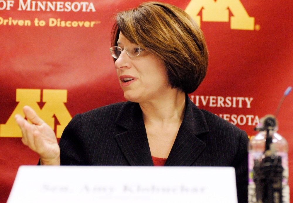 Sen. Amy Klobuchar talks and answers questions regarding the H1N1 Flu vaccine on Nov. 13, 2009. Klobuchar was on campus again Wednesday to talk about student loan debt.