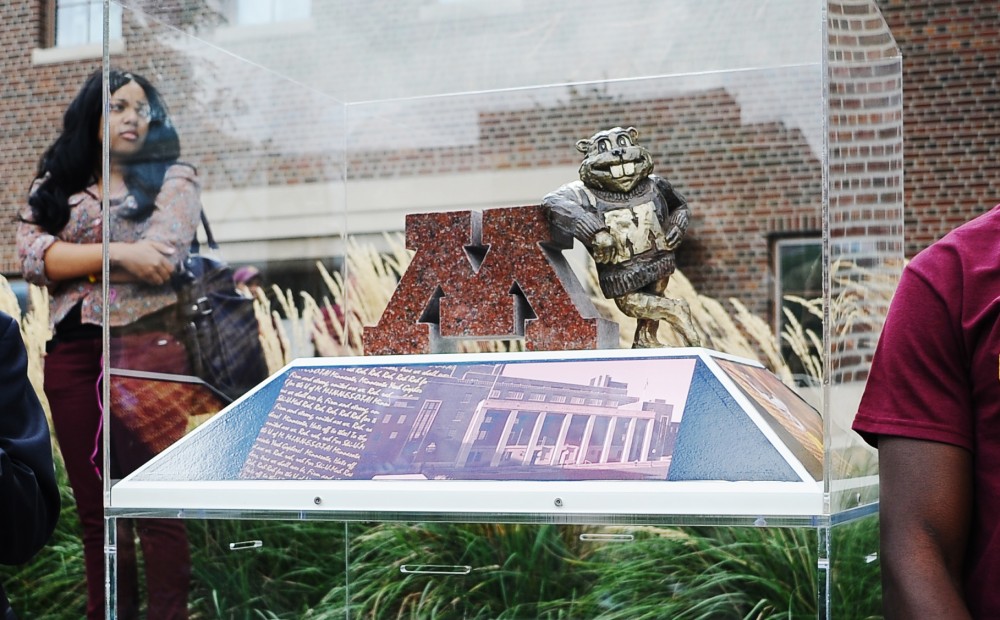 A scale model of the planned Goldy statue was unveiled during a pep rally Friday afternoon in front of Coffman Union.