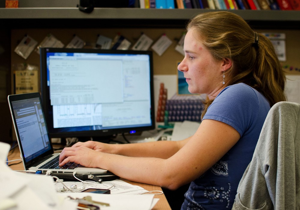 Doctoral candidate Allison Dzubak runs nuclear magnetic resonance tests at the Nanoporous Materials Genome Center office Friday in Smith Hall. The group recently received a $8.1 million research grant from the Department of Energy.