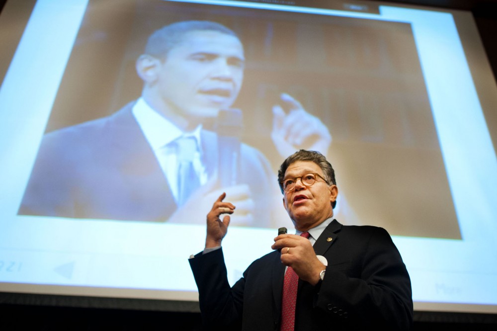 Sen. Al Franken, D-Minn., speaks Wednesday at a presidential debate watch party.  Students for Obama hosted the party at the Bell Museum of Natural History.