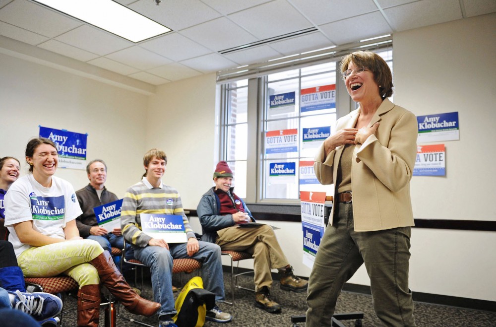 Democratic U.S. Sen. Amy Klobuchar delivers a pep talk to Obama campaign volunteers at the University of Minnesota in Minneapolis on Oct. 28, 2012.