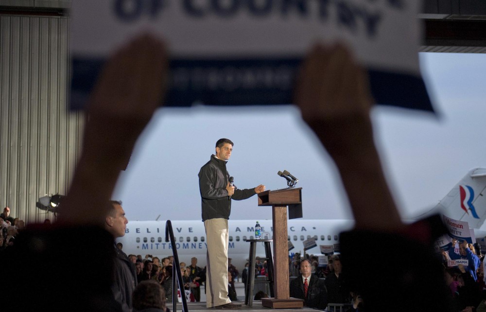 Vice presidential candidate Paul Ryan speaks at a rally Sunday, Nov. 4, 2012,  at the Sun Country Airlines hanger at the Minneapolis/St. Paul International Airport. 