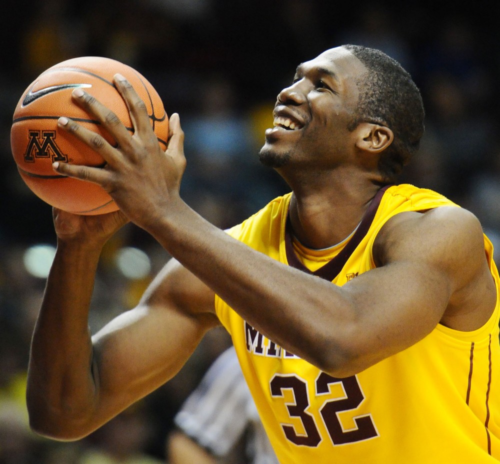 Minnesota forward Trevor Mbakwe successfully shoots in a free throw at the game against American University onNov. 9, 2012 at Williams Arena. 
