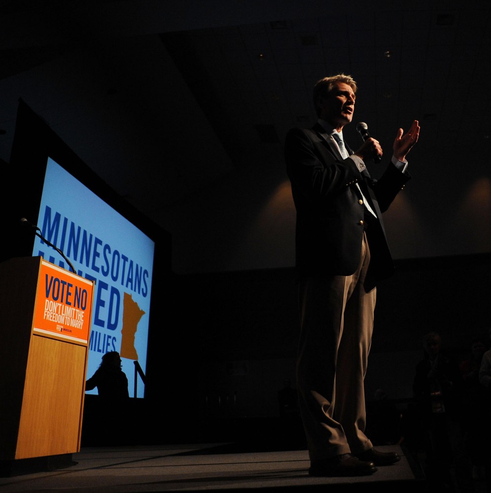 Minneapolis Mayor RT Rybak speaks to marriage amendment opponents at the Minnesotans United election night party in St. Paul, Minn.