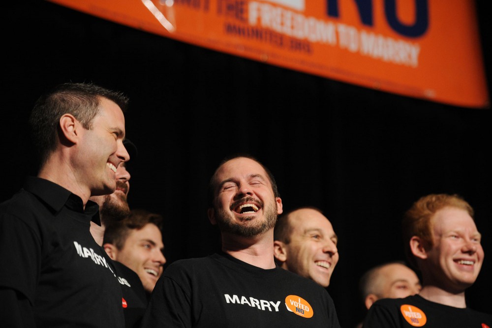 The Twin Cities Gay Mens Chorus performs at the Minnesotans United election night party in St. Paul, Minn.