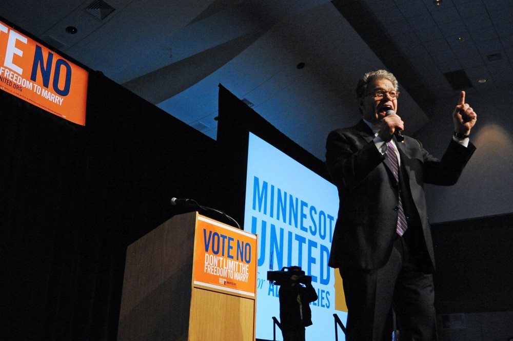 Sen. Al Franken thanks marriage amendment opponents for their support at the Minnesotans United election night party in St. Paul, Minn.
