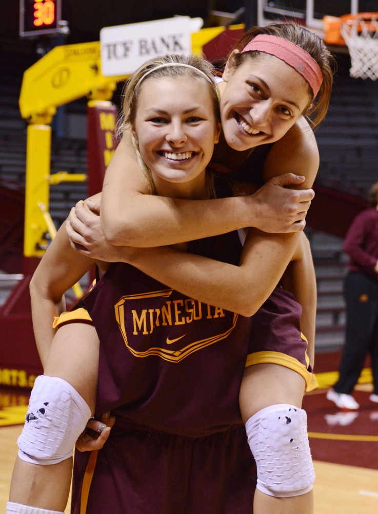 Senior Gopher momens basketball teammates Shayne Mullaney, left, and Jackie Johnson, right, have played together since high school in Eden Prairie.