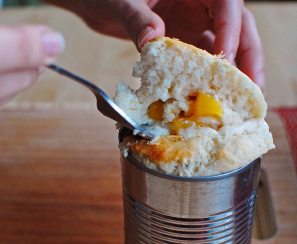 If an apocalypse occurs, all you need is a can of peaches and some Bisquick powder to make a tasty peach cobbler over a fire.
