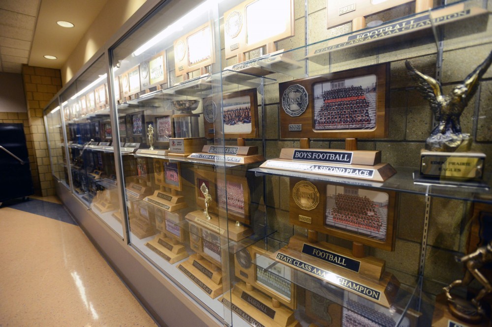 A trophy case lines the wall of Eden Prairie High School, displaying some of the schools state, section and conference awards.