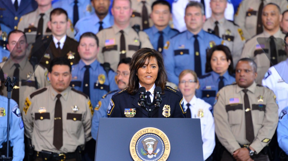 Minneapolis Police Chief Janee Harteau introduces President Barack Obama before his speech on gun control on Feb. 4, 2013 at the Minneapolis Police Department Special Operations Center. 