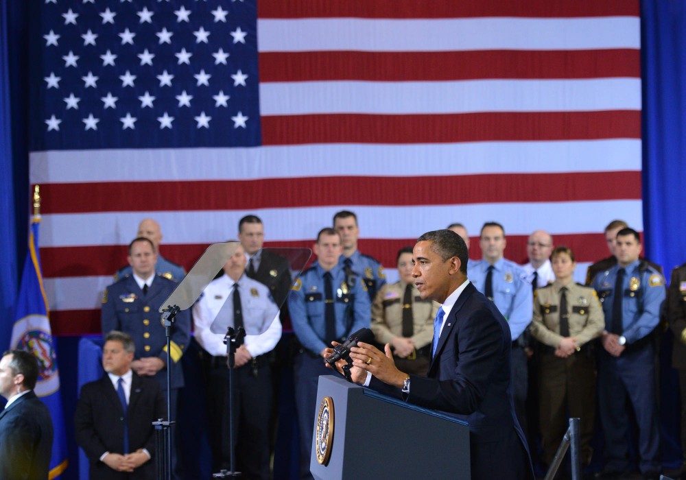 President Barack Obama speaks for more gun control on Feb. 4, 2013 at the Minneapolis Police Department Special Operations Center. 