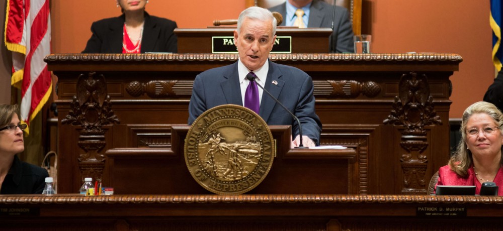 Gov. Mark Dayton delivers his third State of the State address to a joint session of the House and Senate at the state Capitol on Wednesday, Feb. 6, 2013, in St. Paul, Minn. In his speech, Dayton spoke about Minnesotas job growth, tax reform, after-school programs, his support of gay marriage and his goal of balancing the state budget.
