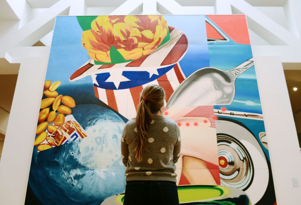 Freshman Emily Simmons gazes at James Rosenquists Worlds Fair Mural on Thursday, Jan. 24, 2013, at the Weisman Art Museum. Simmons says she tries to come into the museum once a month because she finds art very relaxing, and it takes her mind off other things.
