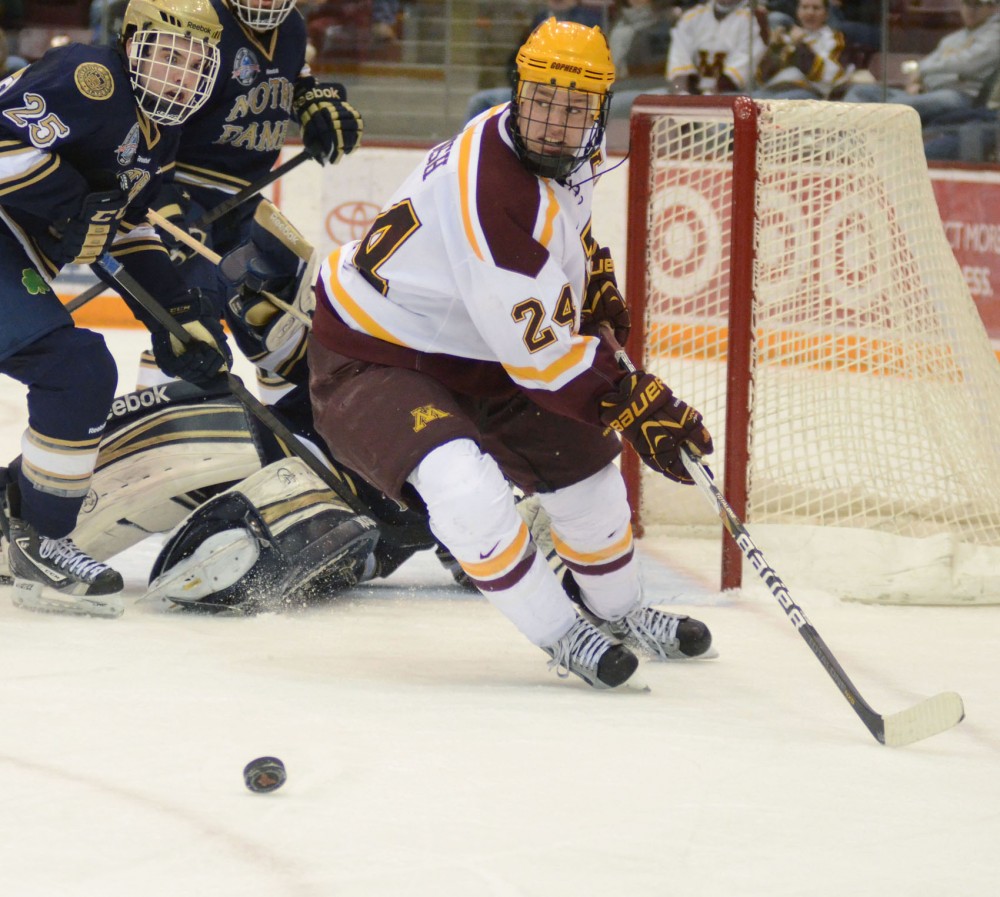 Minnesota forward Zach Budish controls the puck against Notre Dame on Tuesday, Jan. 8, 2013, at Mariucci Arena.