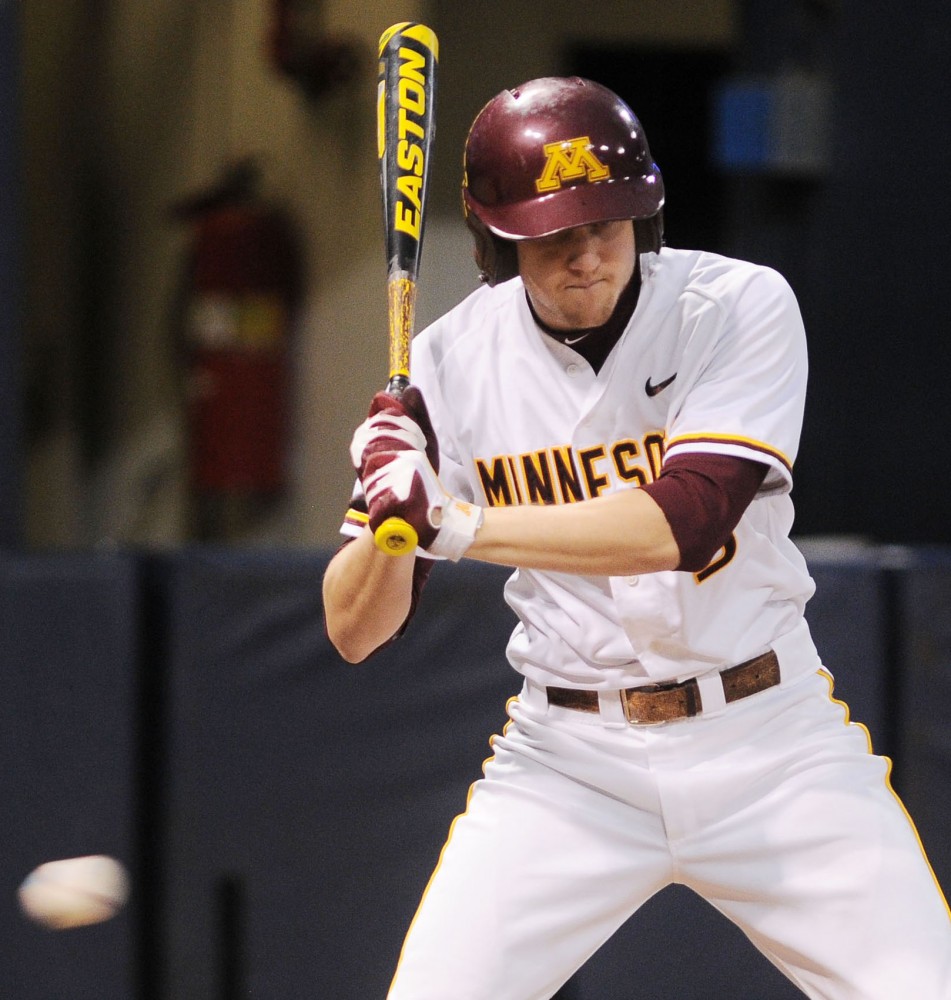 Minnesota’s Troy Larson bats against South Dakota State on Wednesday, March 27, 2013 at the Metrodome. 