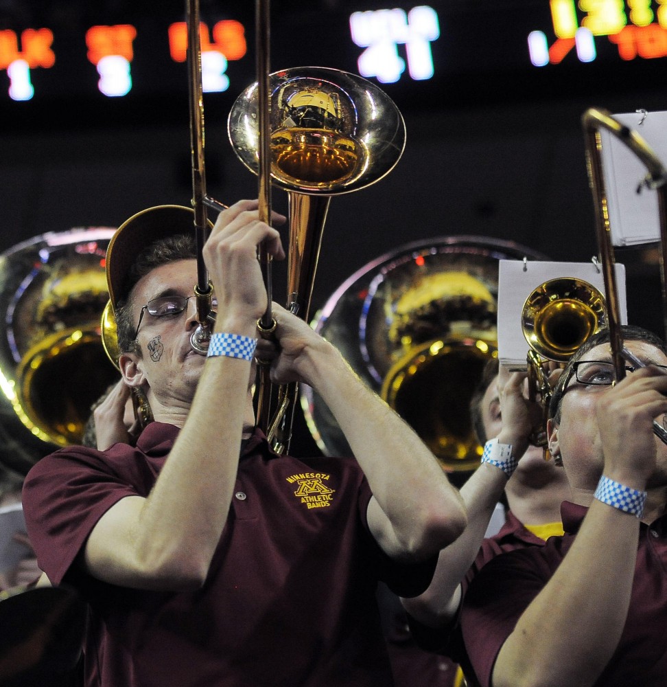 The Minnesota band plays and cheers Friday, March 22, 2013 at the Frank Erwin Center in Austin, Texas. The Gophers defeated the Bruins 83-63 and will continue to the next round.