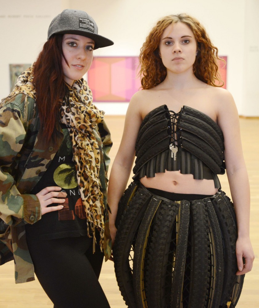 Apparel design sophomore Lauren Kacher, left, poses with her model, Amanda Spencer, Monday, April 22, 2013, at the Weisman Art Museum. Spencer is also a Minnesota Daily business employee. Kachers design will be shown in the Threads Fashion Show on Wednesday, April 24, 2013, at the Weisman.