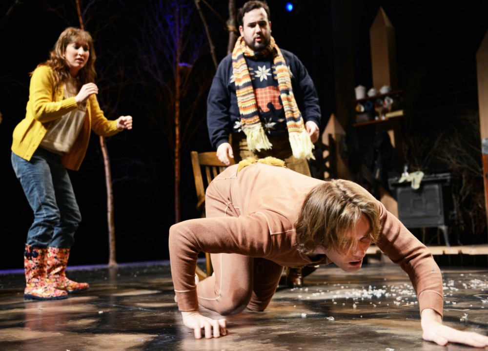 Alex Stene, front, Laura Hickey, and Brant Miller rehearse a scene from Something About a Bear on Monday, April 8, 2013, at The Thrust Stage in Rarig Center.